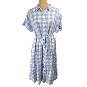 New Isaac Mizrahi Gingham Dress Linen Size L Large Blue White Shirtdress Tiered